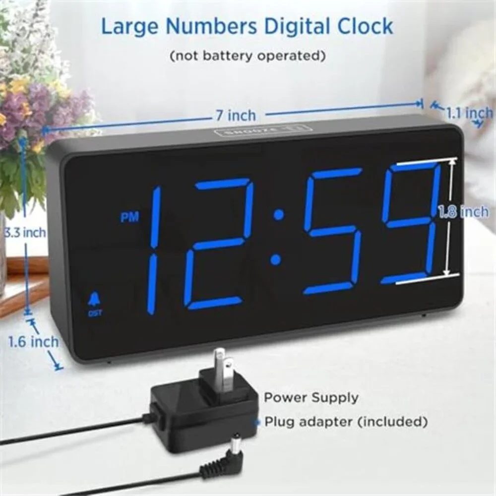 Digital Alarm Clock Large LED Numbers Loud Alarm USB Charger Bedside Clock Blue